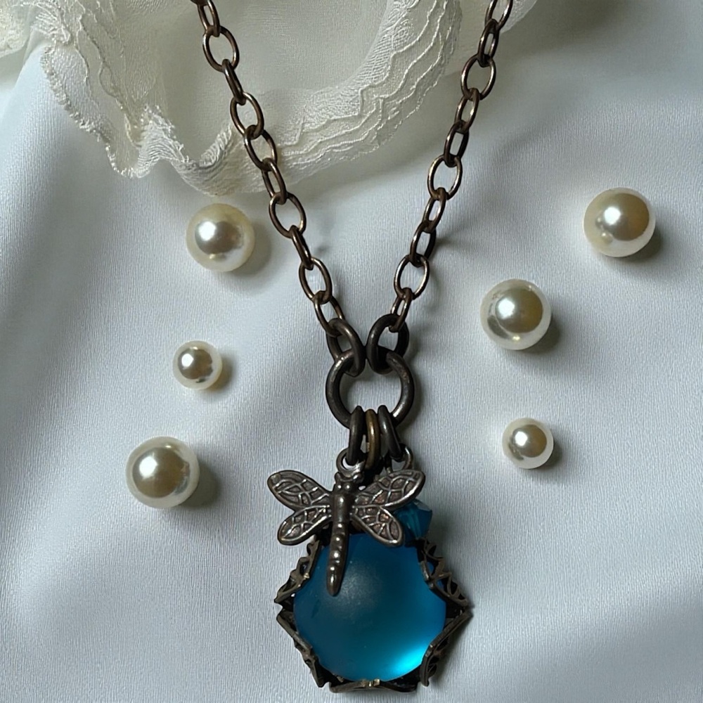Vintage Bronze & Blue Moon Glow Pendant Necklace with Dragonfly Charm
